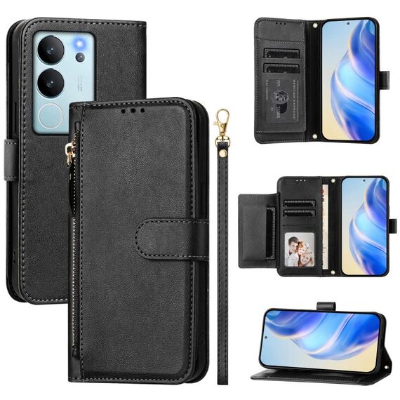 Per vivo V29e 5G / Y200 5G Global Multi-Card Slots Zipper Wallet Custodia per telefono in pelle (nero)