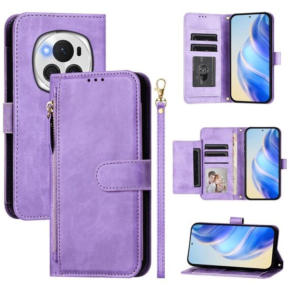 Per Honor Magic6 Pro 5G Global Multi-Card Slots Zipper Wallet Custodia in pelle per telefono (viola)