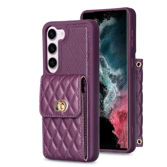 Per Samsung Galaxy S23 5G Portafoglio con fibbia in metallo verticale Custodia in pelle romboidale (viola scuro)