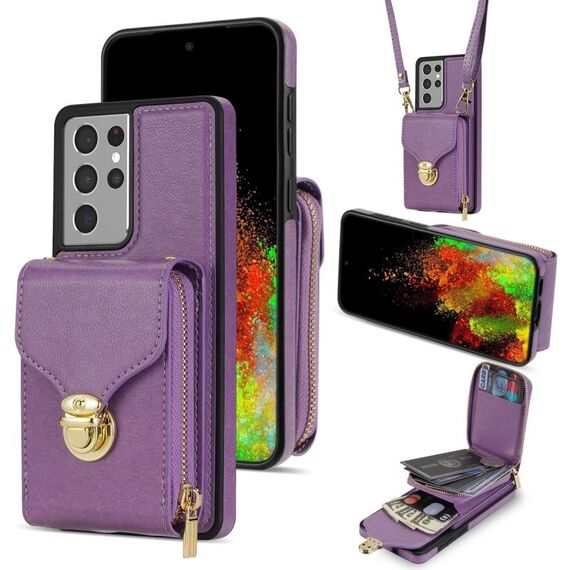Custodia a portafoglio per scheda hardware con cerniera per Samsung Galaxy S21 Ultra 5G (viola)