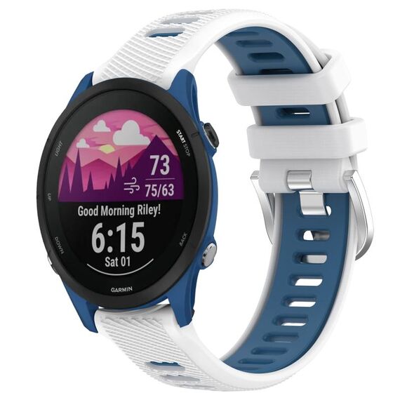 Per Garmin Forerunner 255 Music 22mm Cinturino sportivo in silicone con fibbia in acciaio bicolore (bianco + blu)