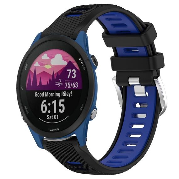 Per Garmin Forerunner 255 Music 22mm Cinturino sportivo in silicone con fibbia in acciaio bicolore (nero + blu)