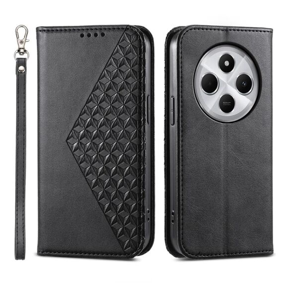 Per Redmi 14C 4G Custodia per telefono in pelle magnetica con texture di vitello a griglia cubica (nero)