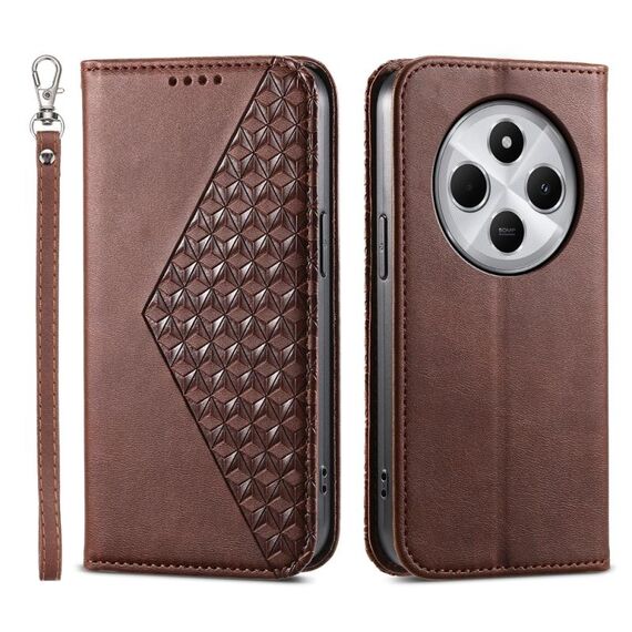 Per Redmi 14C 4G Custodia per telefono in pelle magnetica con texture di vitello a griglia cubica (marrone)