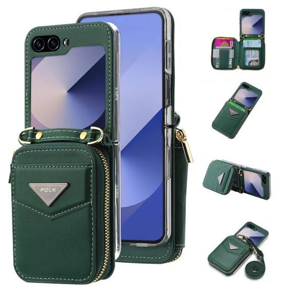 Per Samsung Galaxy Z Flip6 POLA Multi-Card Slots Zipper Wallet Custodia per telefono (verde)