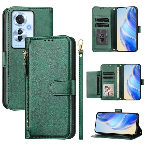 For OPPO Reno11 F 5G Global Multi-Card Slots Zipper Wallet Leather Phone Case(Green)