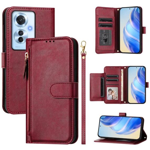For OPPO Reno11 F 5G Global Multi-Card Slots Zipper Wallet Leather Phone Case(Dark Red)