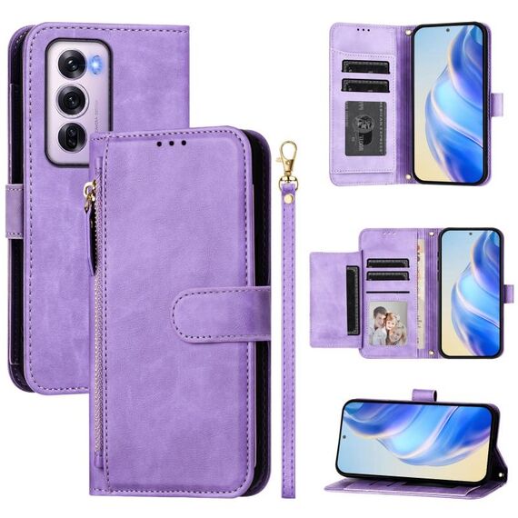 For OPPO Reno12 Pro 5G Global Multi-Card Slots Zipper Wallet Leather Phone Case(Purple)