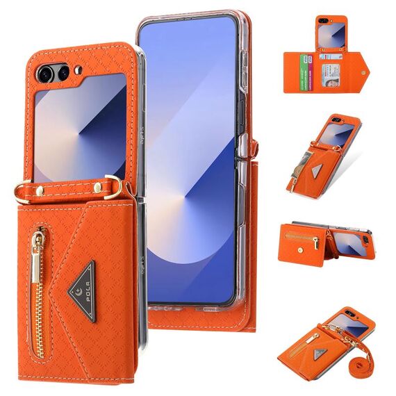 Per Samsung Galaxy Z Flip6 POLA Grid Texture Multi-Card Slots Zipper Wallet Custodia per telefono (arancione)