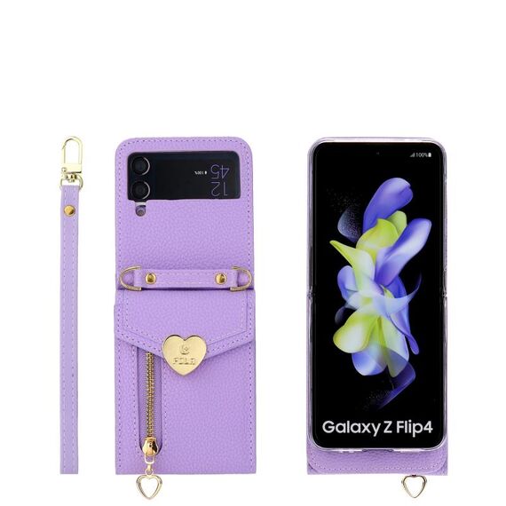 Per Samsung Galaxy Z Flip3 5G POLA Litchi Texture Love Buckle Multi-Card Slots Zipper Wallet Custodia per telefono (viola)