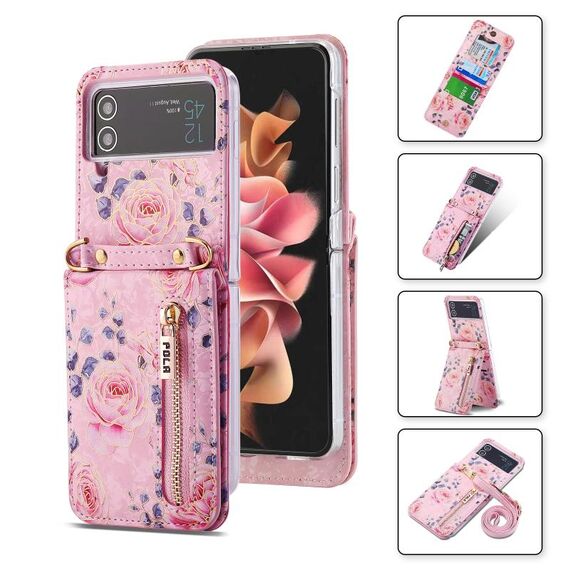 For Samsung Galaxy Z Flip3 5G POLA Rose Pattern Multi-Card Slots Zipper Wallet Phone Case(Pink)