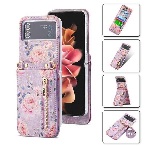 For Samsung Galaxy Z Flip3 5G POLA Rose Pattern Multi-Card Slots Zipper Wallet Phone Case(Purple)