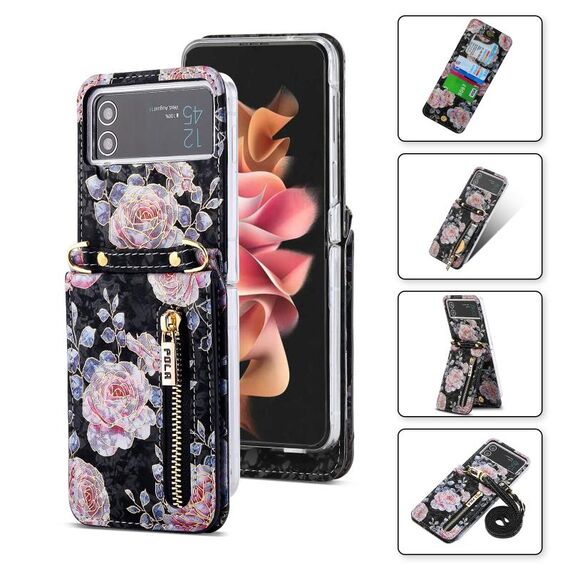 For Samsung Galaxy Z Flip3 5G POLA Rose Pattern Multi-Card Slots Zipper Wallet Phone Case(Black)