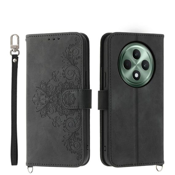 Per OPPO Reno12 F 4G / 5G / F27 India Custodia in pelle con motivo floreale in rilievo (nero)