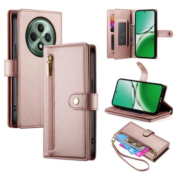 Per OPPO Reno12 F 4G / 5G / F27 India Portafoglio con cerniera a nove scomparti per carte Custodia in pelle per telefono (rosa)