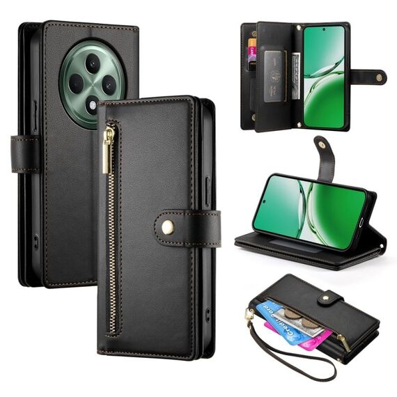 Per OPPO Reno12 F 4G / 5G / F27 India Portafoglio con cerniera e nove slot per carte Custodia in pelle per telefono (nero)