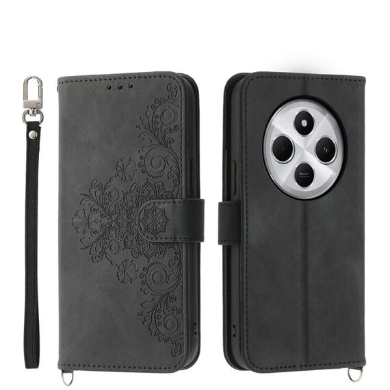 Per Redmi 14C 4G Custodia in pelle con motivo floreale in rilievo (nero)