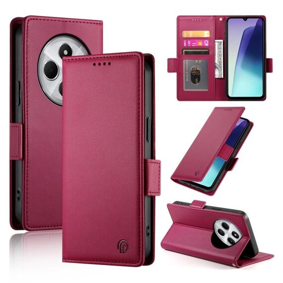 Per Redmi 14C 4G Custodia per telefono in pelle smerigliata magnetica con fibbia laterale (rosso vino)