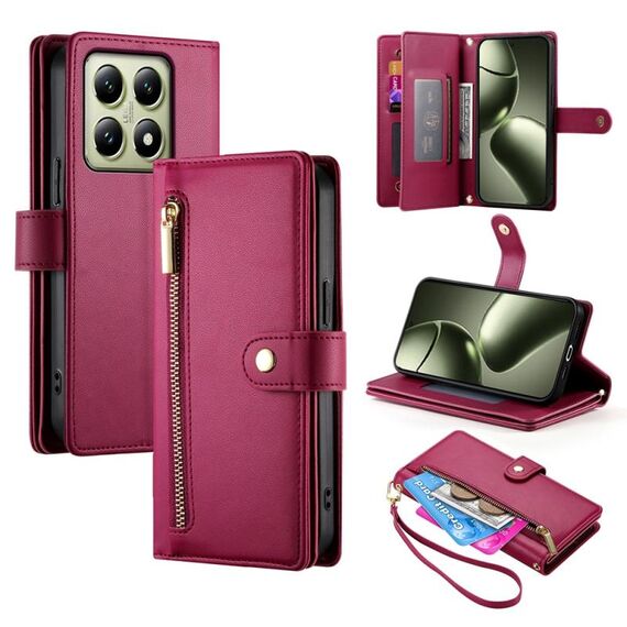 Per Xiaomi 14T Custodia in pelle con cerniera e nove slot per carte di credito (rosso)