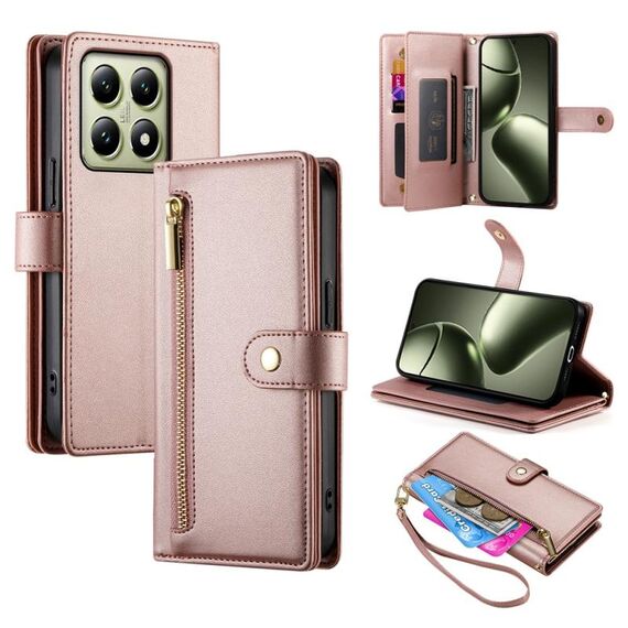 Per Xiaomi 14T Custodia in pelle con cerniera e nove slot per carte di credito (rosa)