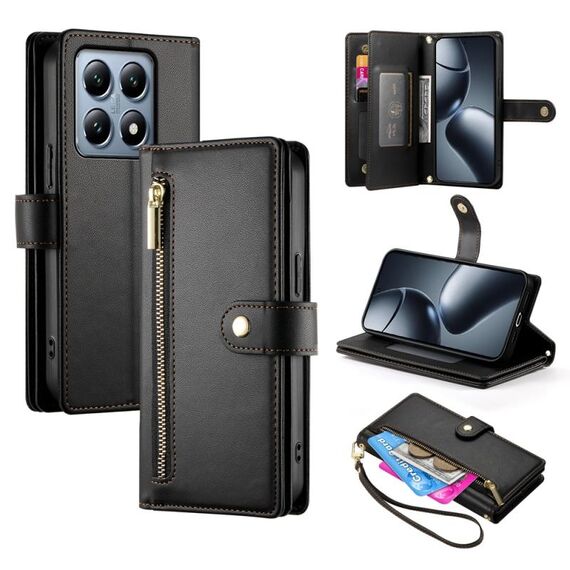 Per Xiaomi 14T Pro Nine Card-slot Zipper Wallet Bag Custodia in pelle per telefono (nero)