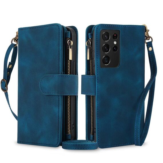Per Samsung Galaxy S21 Ultra 5G Dream 9-Card Zipper Wallet RFID Custodia in pelle per telefono con cordino (blu)