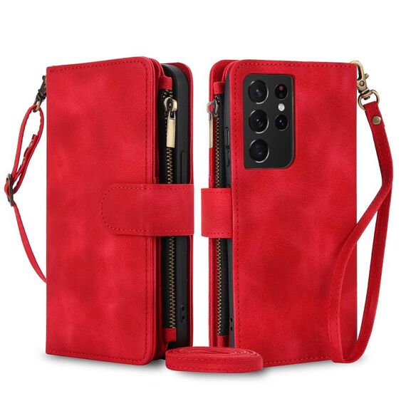 Per Samsung Galaxy S21 Ultra 5G Dream 9-Card Zipper Wallet RFID Custodia in pelle per telefono con cordino (rosso)