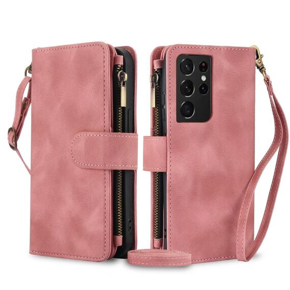Per Samsung Galaxy S21 Ultra 5G Dream 9-Card Zipper Wallet RFID Custodia in pelle per telefono con cordino (oro rosa)