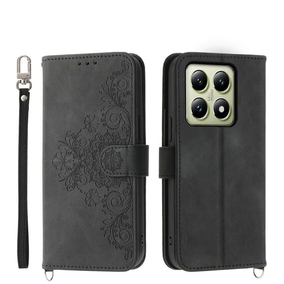 Per Xiaomi 14T Custodia in pelle con motivo a fiori in rilievo e portafoglio (nero)