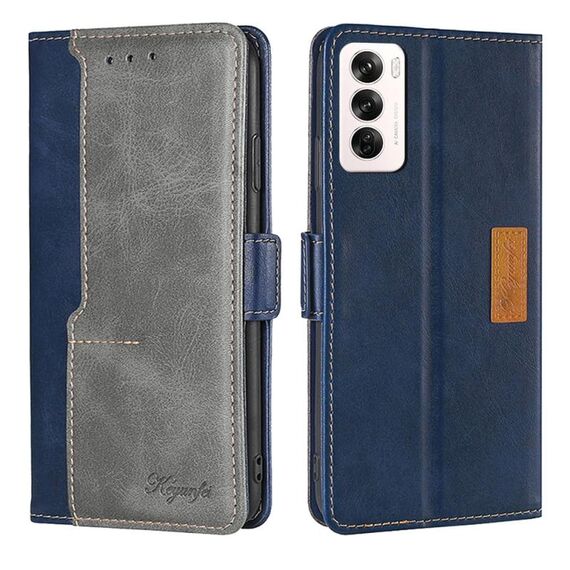 Per OPPO Reno12 5G Global Contrast Color Side Buckle Custodia in pelle per telefono (blu + grigio)