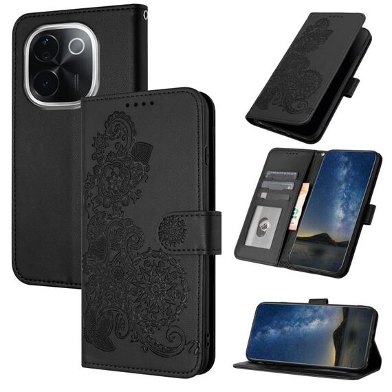 Per vivo iQOO Z9s Pro / T3 Pro 5G India Datura Flower Embossed Flip Custodia in pelle per telefono (nero)