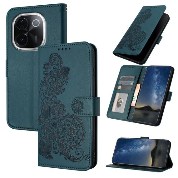 Per vivo iQOO Z9s Pro / T3 Pro 5G India Datura Flower Embossed Flip Custodia in pelle per telefono (verde scuro)