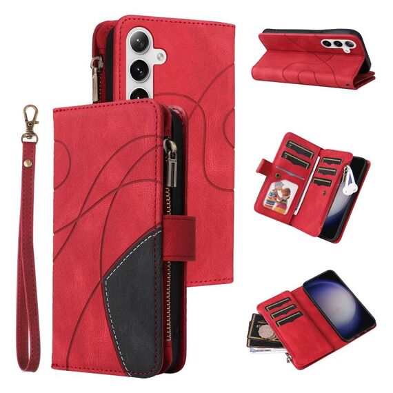 Per Samsung Galaxy S25 / S24 5G Custodia per telefono in pelle con cerniera e 9 scomparti per carte bicolore (rosso)