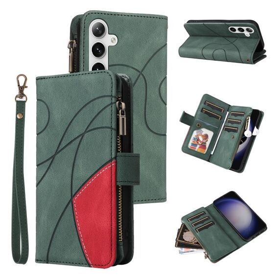 Per Samsung Galaxy S25 / S24 5G Custodia per telefono in pelle con cerniera e 9 scomparti per carte bicolore (verde)