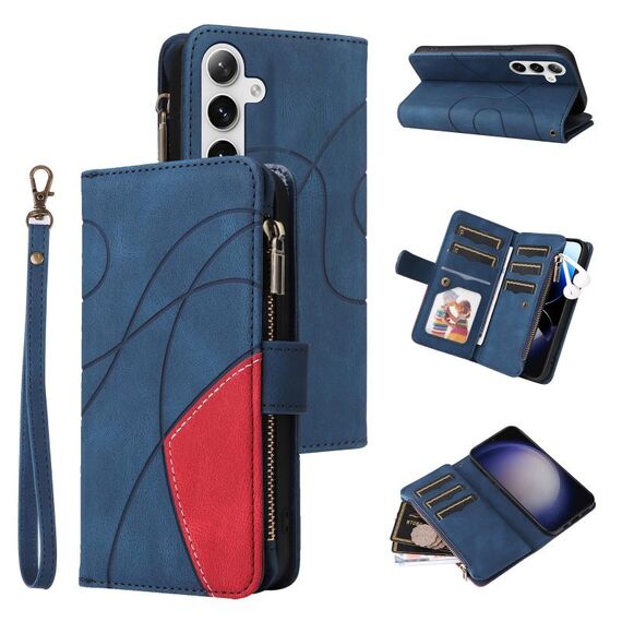 Per Samsung Galaxy S25 / S24 5G Custodia per telefono in pelle con cerniera e 9 scomparti per carte bicolore (blu)