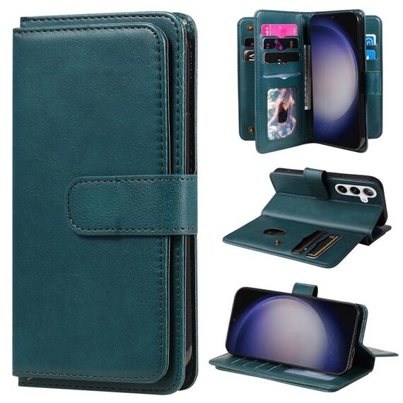 Per Samsung Galaxy S25+ / S24+ 5G Portafoglio multifunzione 10 slot per carte Custodia in pelle per telefono (verde scuro)