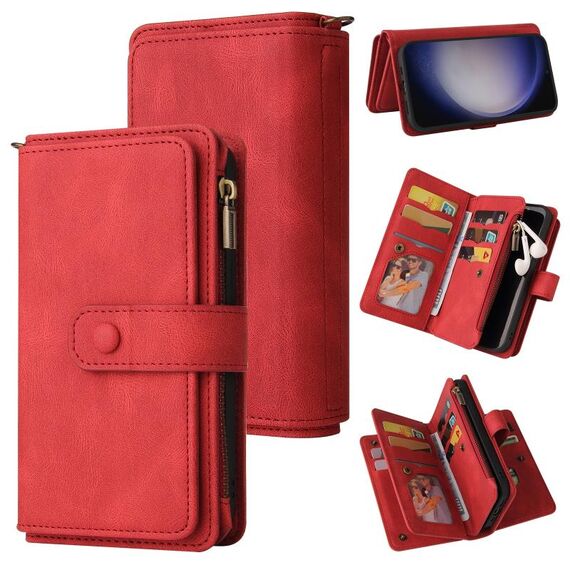 Per Samsung Galaxy S25 / S24 5G Custodia in pelle con cerniera e slot per schede multiple, effetto pelle (rosso)