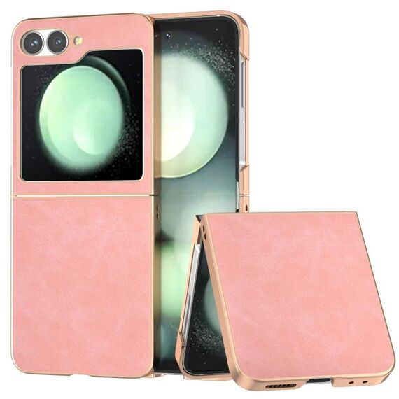 Per Samsung Galaxy Z Flip6 Custodia per telefono con copertura totale in pelle PU con cornice elettrolitica (rosa)