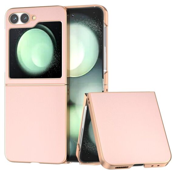 Per Samsung Galaxy Z Flip6 Custodia per telefono con copertura totale in pelle PU e telaio galvanico (rosa chiaro)