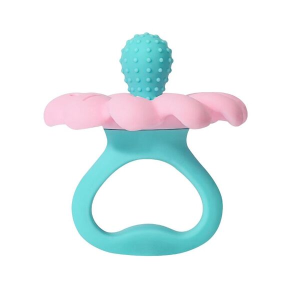 Dentiera per neonati in silicone a forma di fiore, lenitiva e rinforzante, bollibile (blu e rosa)