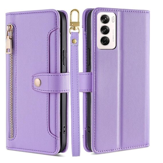 Per OPPO Reno12 5G Global Sheep Texture Portafoglio con cerniera in pelle Custodia per telefono (viola)