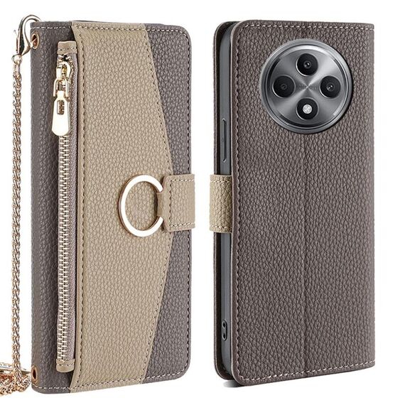 Per OPPO Reno12 F 5G Custodia a tracolla in pelle con texture Litchi (grigio)