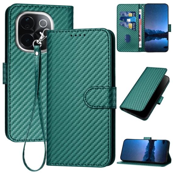 Per vivo iQOO Z9s Pro / T3 Pro 5G India YX0070 Custodia per telefono in pelle con fibbia in fibra di carbonio con cordino (verde scuro)