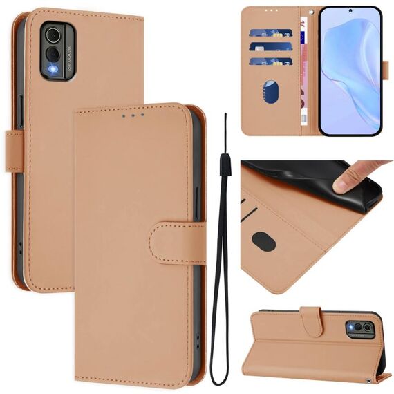 For Nokia C32 Skin Feel Solid Color Leather Phone Case with Lanyard(Nude)