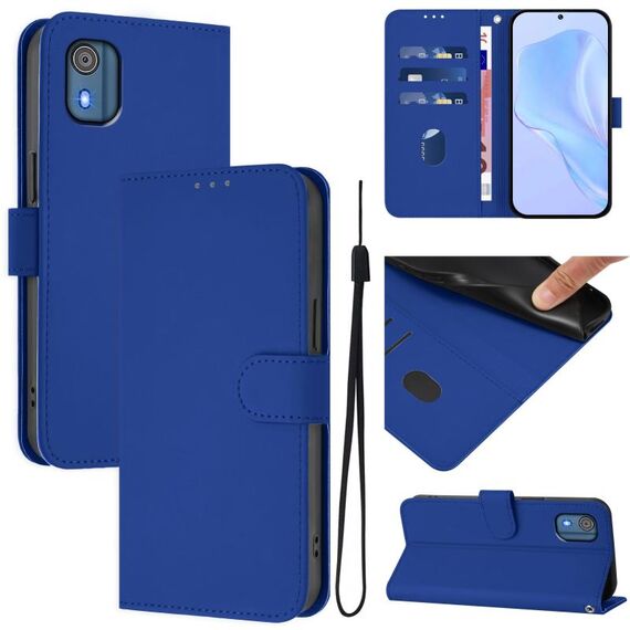 For Nokia C02 Skin Feel Solid Color Leather Phone Case with Lanyard(Dark Blue)