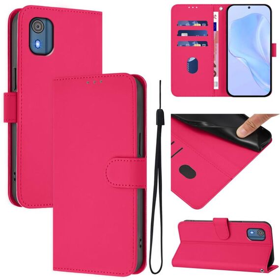 For Nokia C02 Skin Feel Solid Color Leather Phone Case with Lanyard(Rose Red)