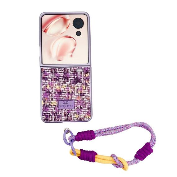 For Honor Magic V Flip Illusory Color Weaving Texture Phone Case with Color Strap(Purple)