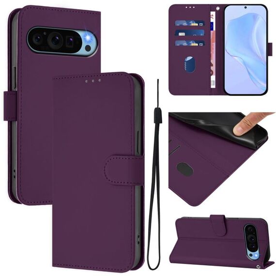 For Google Pixel 9 Pro XL Skin Feel Solid Color Leather Phone Case with Lanyard(Violet)