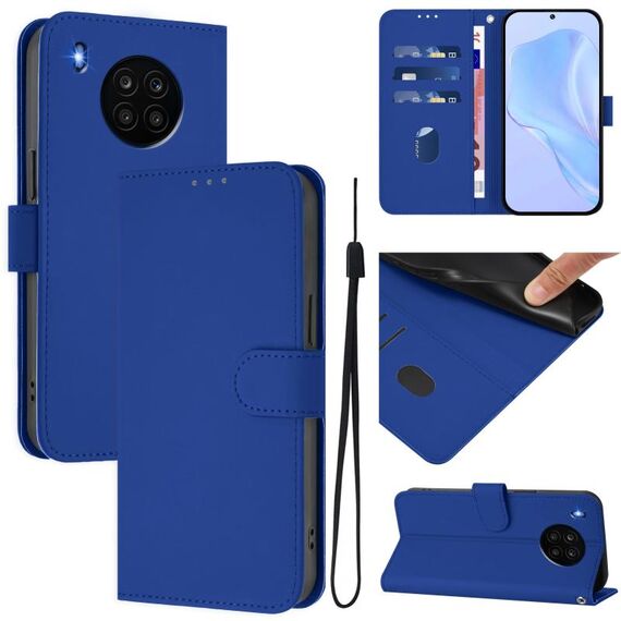 Per Honor 50 Lite / Huawei nova 8i Custodia in pelle tinta unita con cordino (blu scuro)