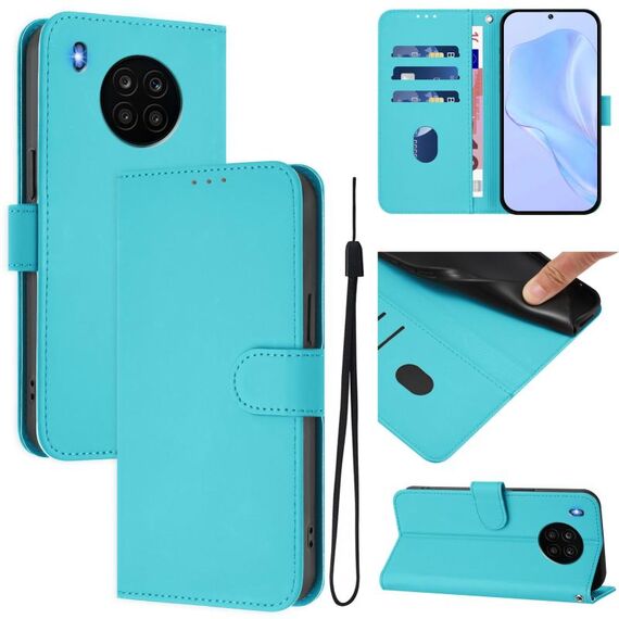 Per Honor 50 Lite / Huawei nova 8i Custodia in pelle tinta unita effetto pelle con cordino (blu lago)